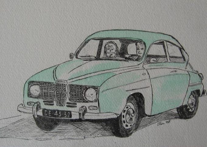 Schets en aquarel van Saab uit 1965